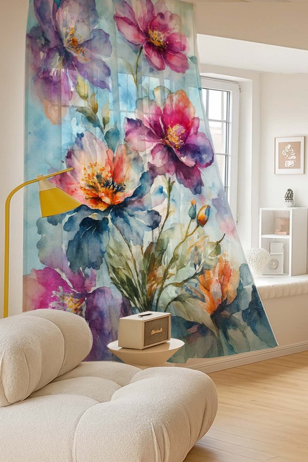 Suluboya Çiçek Desenli Dijital Baskı Fon Perde Salon Mutfak Yatak Odası 140x260cm Suluboya Çiçek Desenli Dijital Baskı Fon Perde Salon Mutfak Yatak Odası 140x260cm