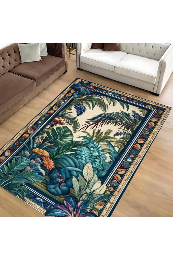 Tropikal Orman Desenli Dokuma Şönil Kilim Halı Yıkanabilir Salon Oturma Odası Mutfak Halısı