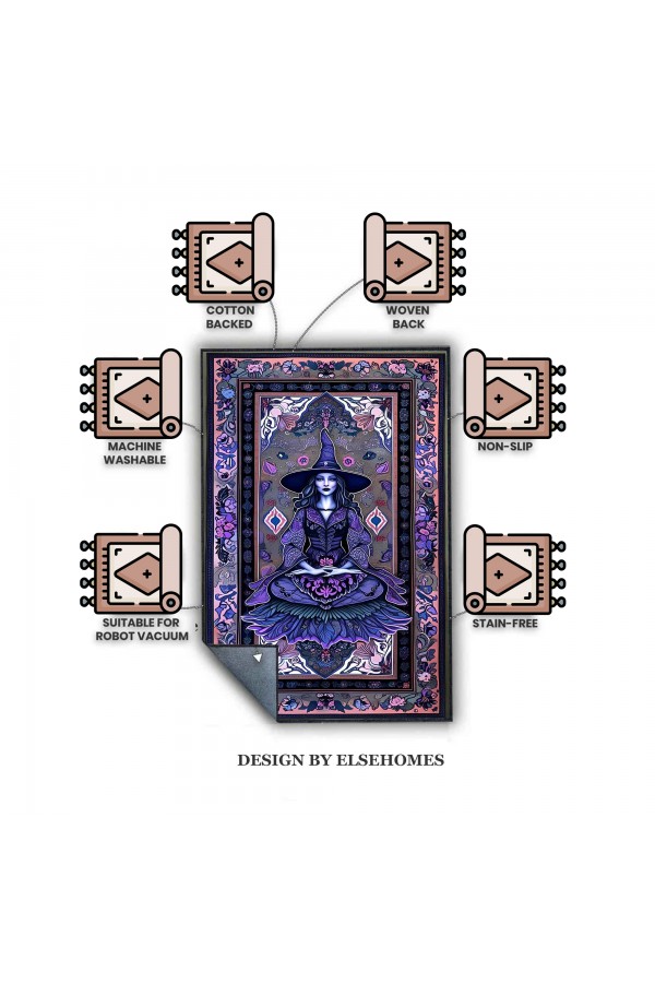 Gotik Mor Cadı Desenli Dokuma Şönil Kilim Halı Yıkanabilir Salon Oturma Odası Mutfak Halısı