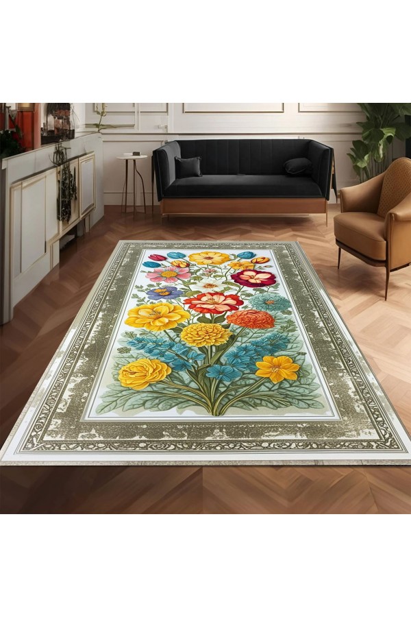Renkli Çiçek Desenli Dokuma Şönil Kilim Halı Yıkanabilir Salon Oturma Odası Mutfak Halısı