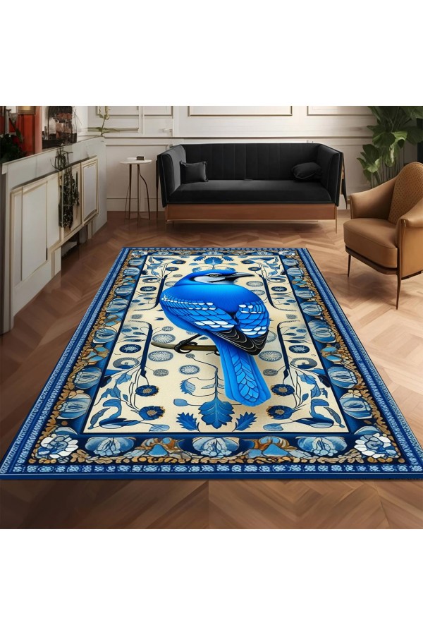 Mavi Kuş Desenli Dokuma Şönil Kilim Halı Yıkanabilir Salon Oturma Odası Mutfak Halısı