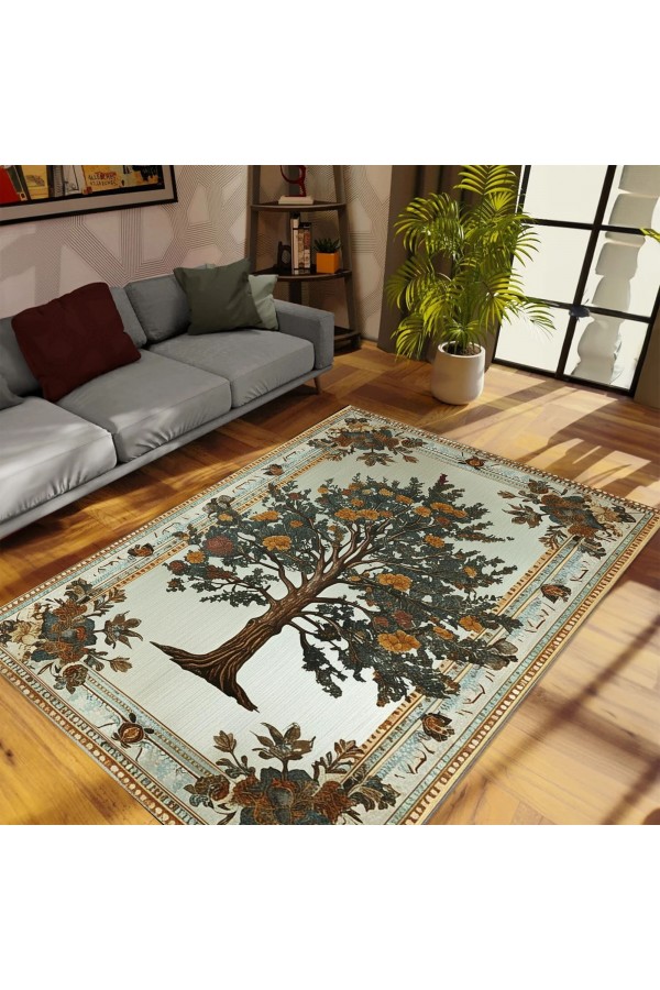 Retro Ağaç Desenli Dokuma Şönil Kilim Halı Yıkanabilir Salon Oturma Odası Mutfak Halısı