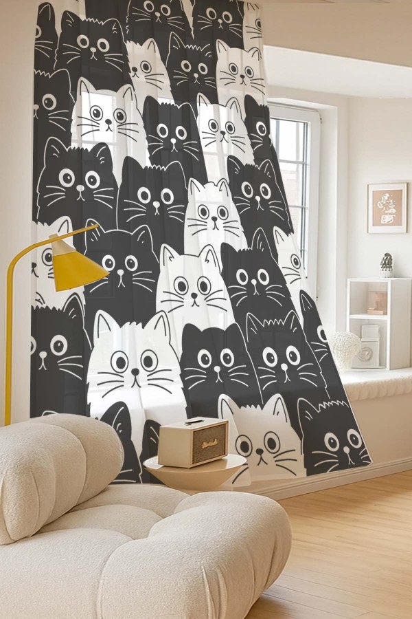 Siyah Beyaz Kediler Desenli Dijital Baskı Fon Perde Salon Mutfak Yatak Odası 140x260cm Siyah Beyaz Kediler Desenli Dijital Baskı Fon Perde Salon Mutfak Yatak Odası 140x260cm