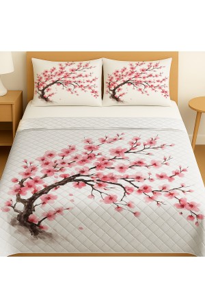Sakura Pembe Çiçekli Ağaç Desenli Çift Kişilik Pike Takımı Yatak Örtüsü Sakura Pembe Çiçekli Ağaç Desenli Çift Kişilik Pike Takımı Yatak Örtüsü