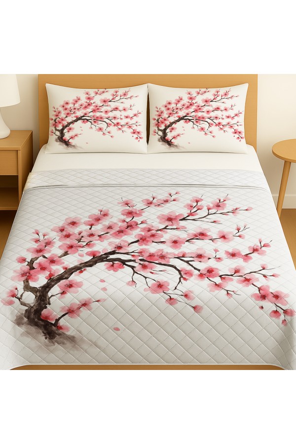 Sakura Pembe Çiçekli Ağaç Desenli Çift Kişilik Pike Takımı Yatak Örtüsü Sakura Pembe Çiçekli Ağaç Desenli Çift Kişilik Pike Takımı Yatak Örtüsü