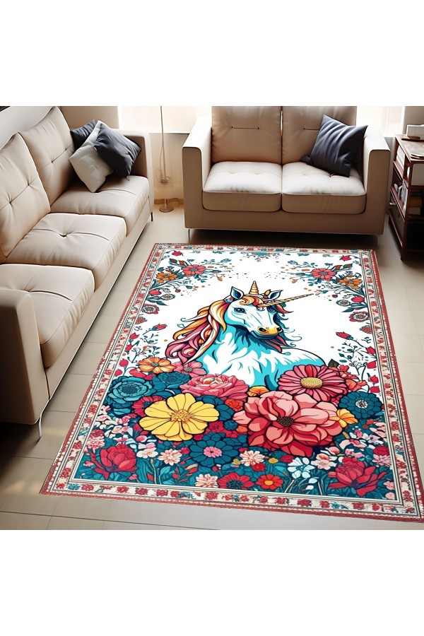 Unicorn Çocuk Desenli Dokuma Şönil Kilim Halı Yıkanabilir Salon Oturma Odası Çocuk Mutfak Halısı