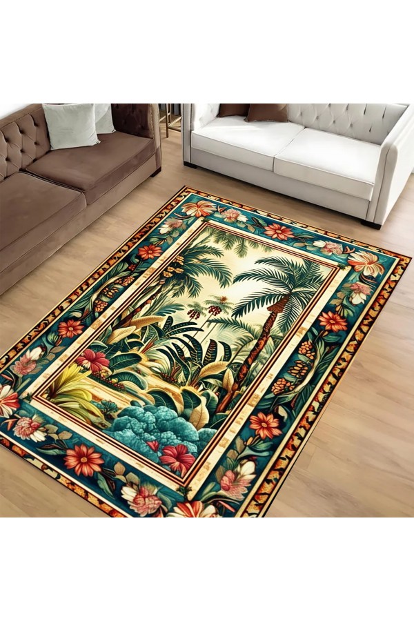 Renkli Tropik Orman Desenli Dokuma Şönil Kilim Halı Yıkanabilir Salon Oturma Odası Mutfak Halısı