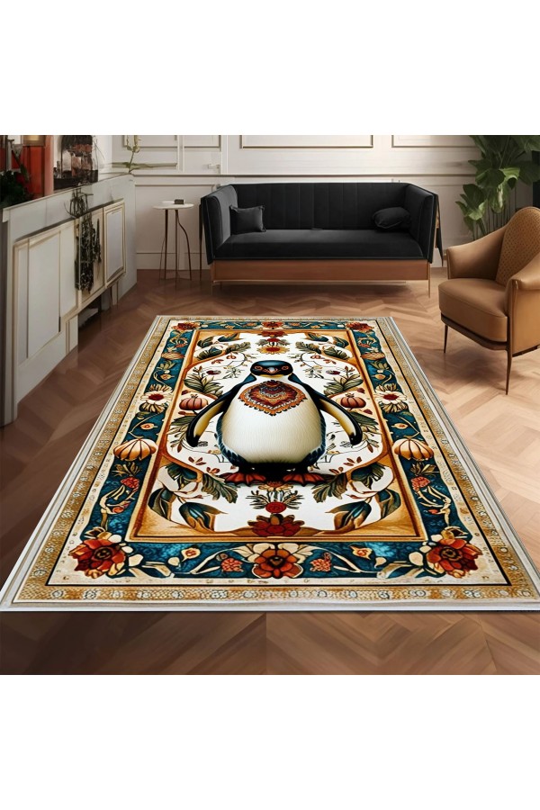 Sevimli Penguen Desenli Dokuma Şönil Kilim Halı Yıkanabilir Salon Oturma Odası Mutfak Halısı