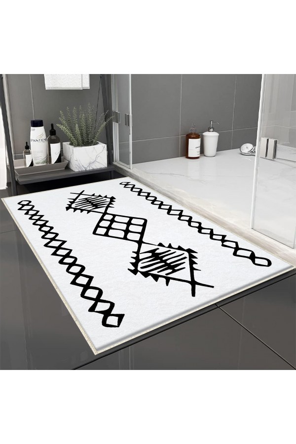 Turuncu Siyah Geometrik Desenli Tekli Banyo Paspas Halısı Kaymaz Yıkanabilir