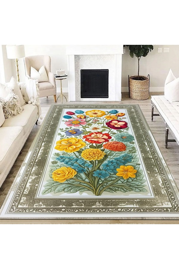 Renkli Çiçek Desenli Dokuma Şönil Kilim Halı Yıkanabilir Salon Oturma Odası Mutfak Halısı