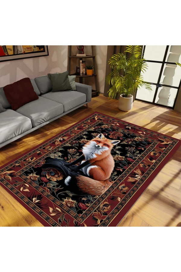 Tilki Hayvan Desenli Dokuma Şönil Kilim Halı Yıkanabilir Salon Oturma Odası Mutfak Halısı