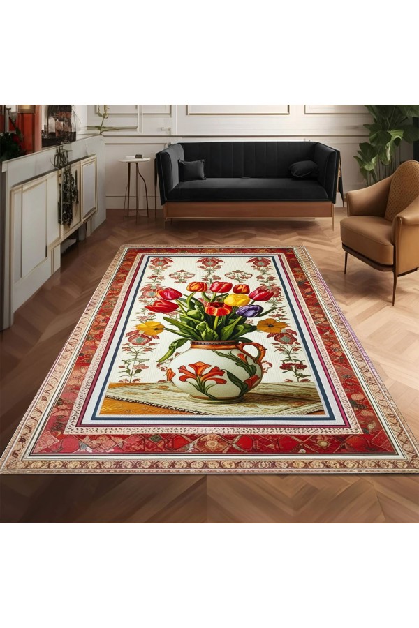 Renkli Laleler Desenli Dokuma Şönil Kilim Halı Yıkanabilir Salon Oturma Odası Mutfak Halısı