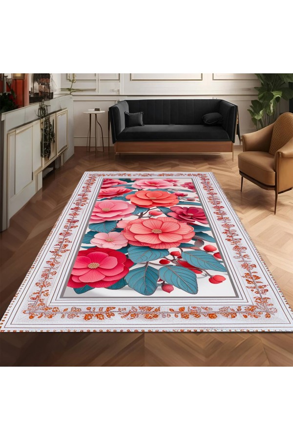 Renkli Çiçek Desenli Dokuma Şönil Kilim Halı Yıkanabilir Salon Oturma Odası Mutfak Halısı