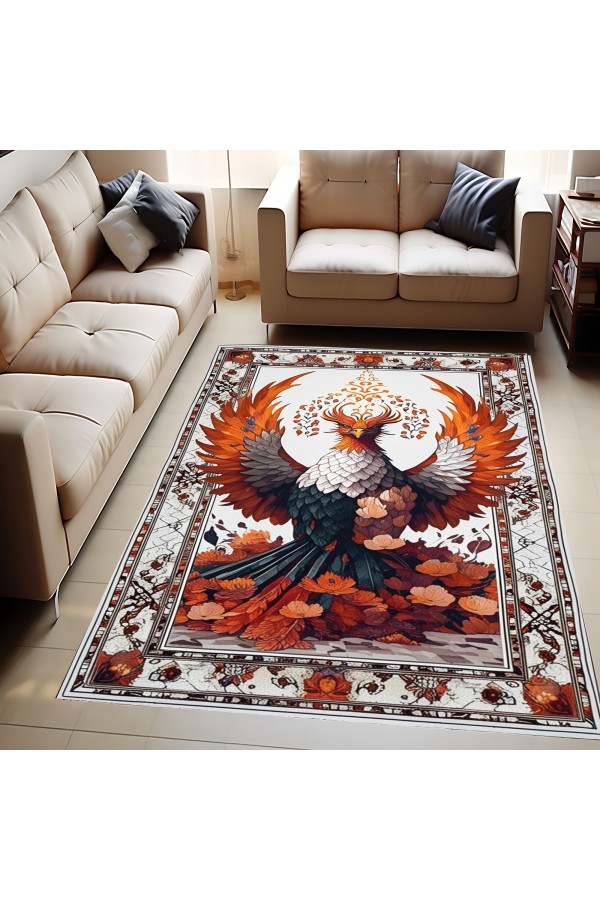 Turuncu Anka Kuşu Desenli Dokuma Şönil Kilim Halı Yıkanabilir Salon Oturma Odası Mutfak Halısı