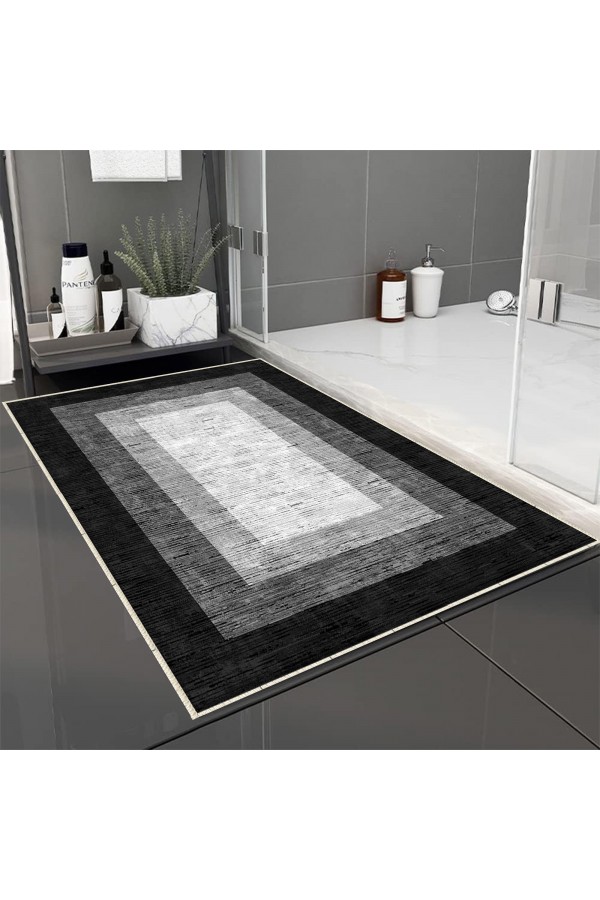 Gri Siyah Çizgi Desenli Tekli Banyo Paspas Halısı Kaymaz Yıkanabilir