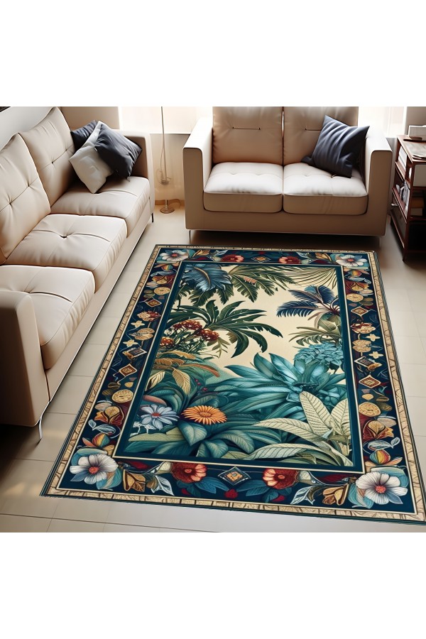 Tropik Orman Desenli Dokuma Şönil Kilim Halı Yıkanabilir Salon Oturma Odası Mutfak Halısı