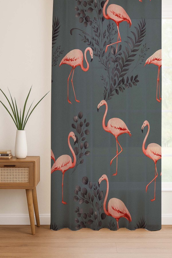 Pembe Flamingo Gri Desenli Dijital Baskı Fon Perde Salon Mutfak Yatak Odası 140x260cm