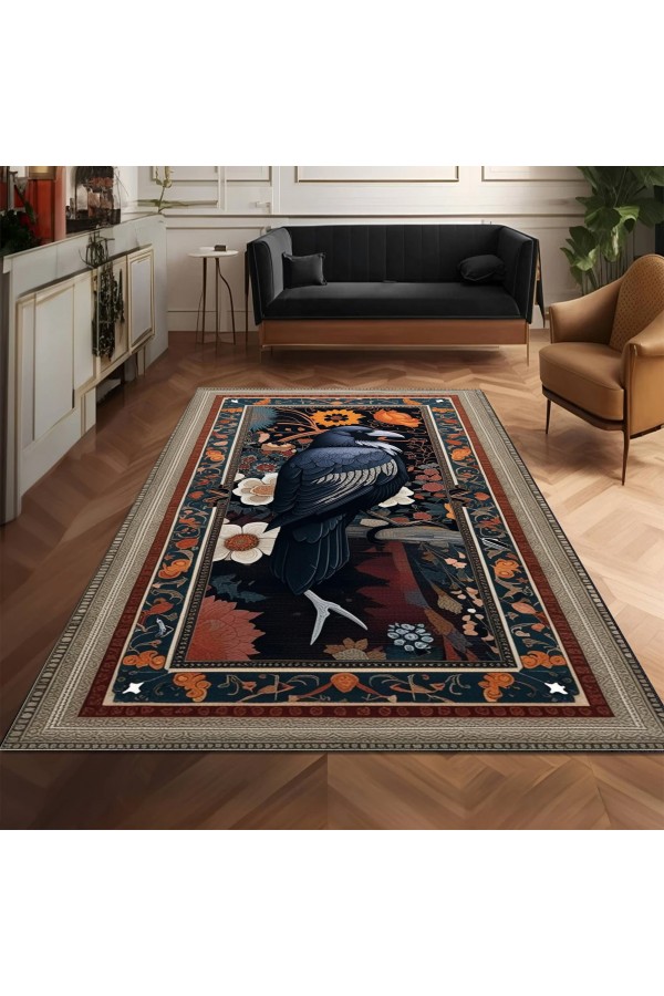Gotik Kuzgun Karga Desenli Dokuma Şönil Kilim Halı Yıkanabilir Salon Oturma Odası Mutfak Halısı