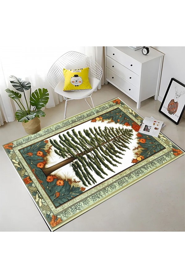 Ağaç Retro Desenli Dokuma Şönil Kilim Halı Yıkanabilir Salon Oturma Odası Mutfak Halısı