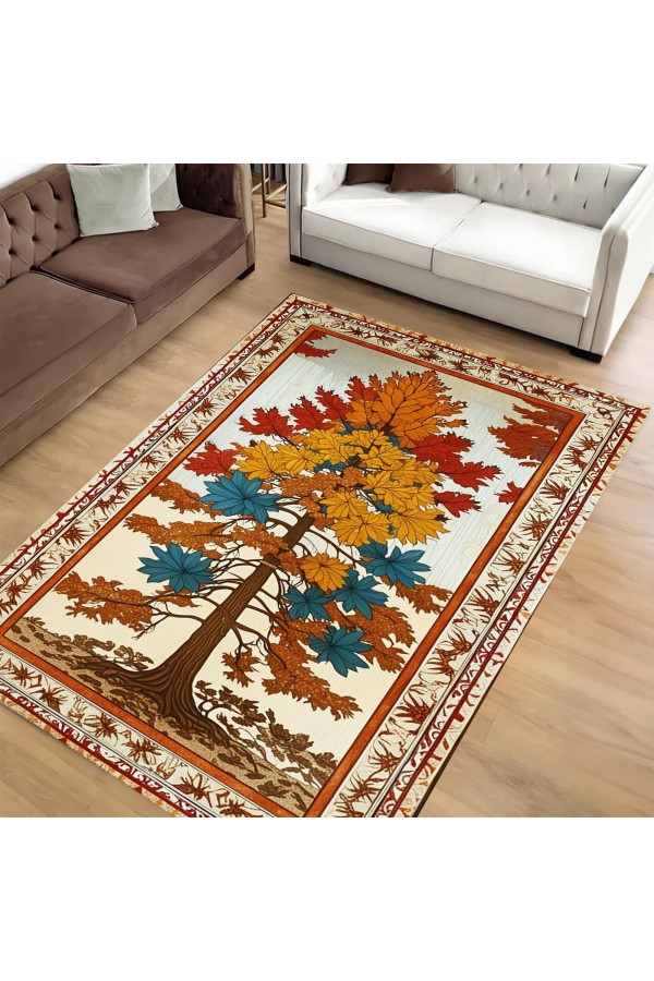 Sonbahar Ağaç Desenli Dokuma Şönil Kilim Halı Yıkanabilir Salon Oturma Odası Mutfak Halısı Sonbahar Ağaç Desenli Dokuma Şönil Kilim Halı Yıkanabilir Salon Oturma Odası Mutfak Halısı