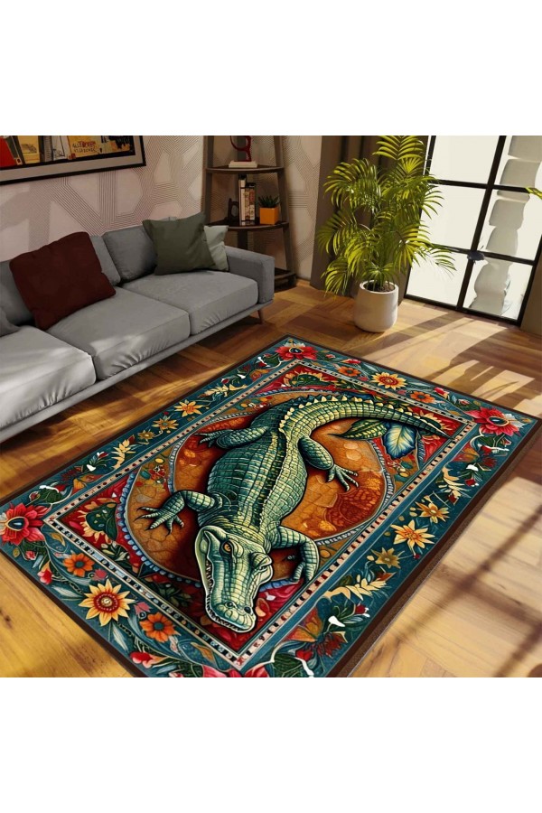 Timsah Desenli Dokuma Şönil Kilim Halı Yıkanabilir Salon Oturma Odası Mutfak Halısı