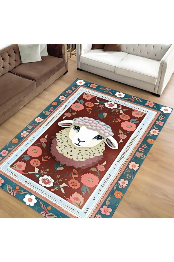 Sevimli Kuzu Desenli Dokuma Şönil Kilim Halı Yıkanabilir Salon Oturma Odası Mutfak Çocuk Halısı