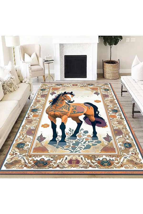 Sevimli At Desenli Dokuma Şönil Kilim Halı Yıkanabilir Salon Oturma Odası Mutfak Halısı