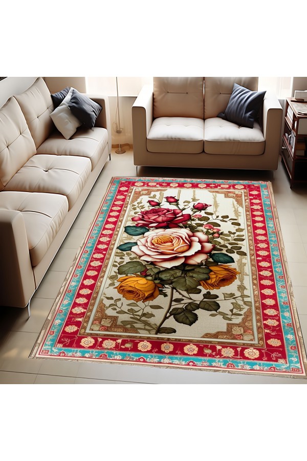 Renkli Retro Çiçek Desenli Dokuma Şönil Kilim Halı Yıkanabilir Salon Oturma Odası Mutfak Halısı