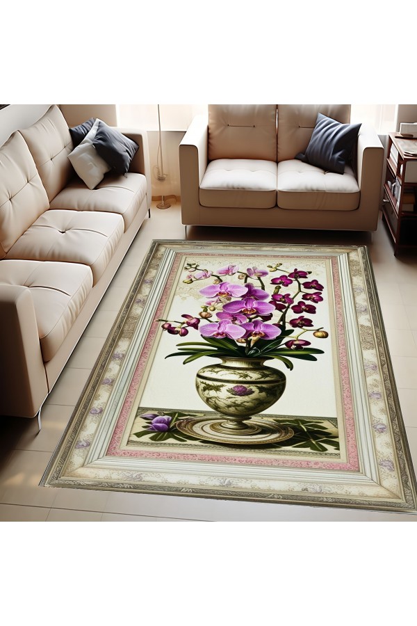 Mor Orkide Desenli Dokuma Şönil Kilim Halı Yıkanabilir Salon Oturma Odası Mutfak Halısı