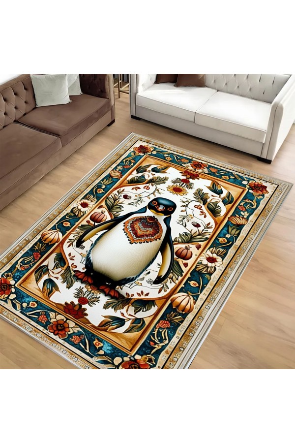 Sevimli Penguen Desenli Dokuma Şönil Kilim Halı Yıkanabilir Salon Oturma Odası Mutfak Halısı