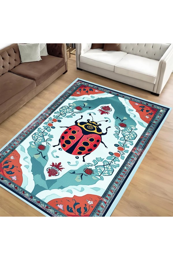 Uğur Böceği Desenli Dokuma Şönil Kilim Halı Yıkanabilir Salon Oturma Odası Mutfak Halısı