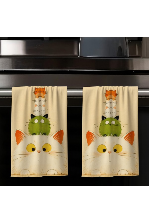 Renkli Kediler Desenli 2 li Set Dekoratif Yıkanabilir Pamuklu Mutfak Fırın El Havlusu 35x50 cm