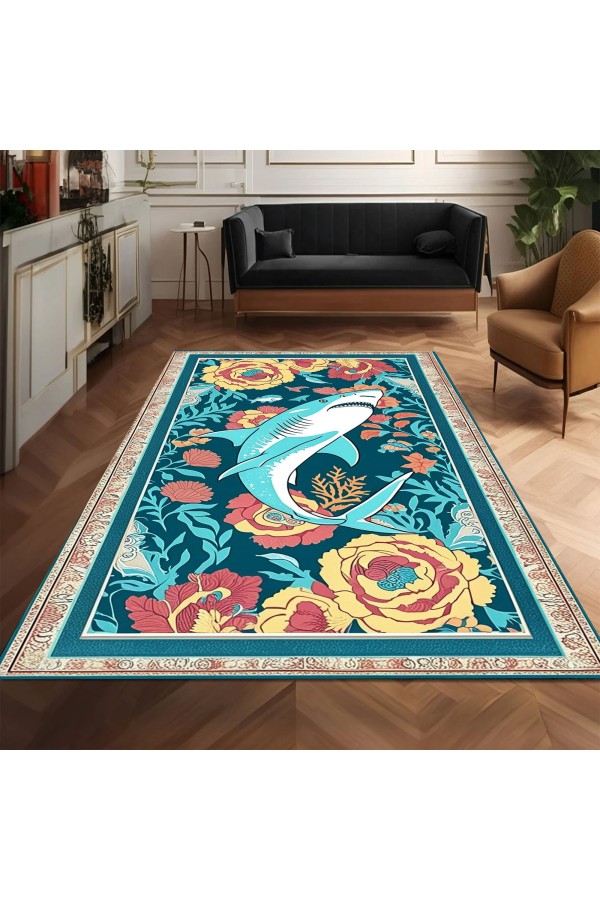 Köpek Balığı Retro Desenli Dokuma Şönil Kilim Halı Yıkanabilir Salon Oturma Odası Mutfak Halısı