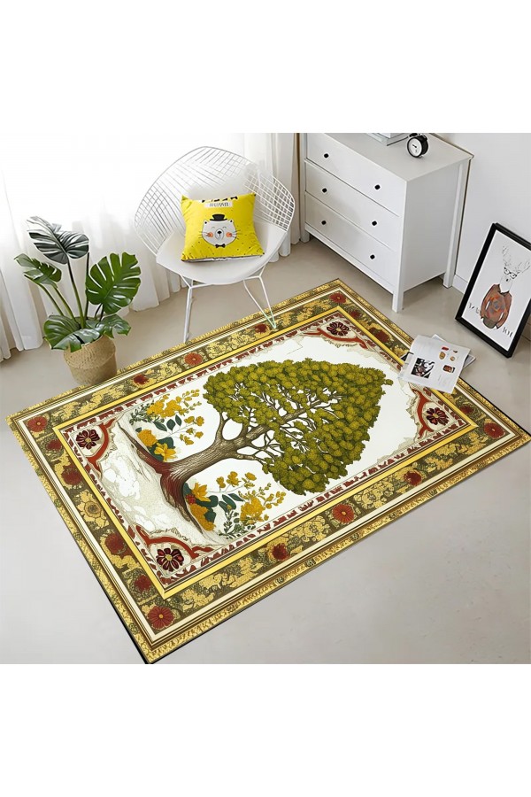 Ağaç Desenli Dokuma Şönil Kilim Halı Yıkanabilir Salon Oturma Odası Mutfak Halısı