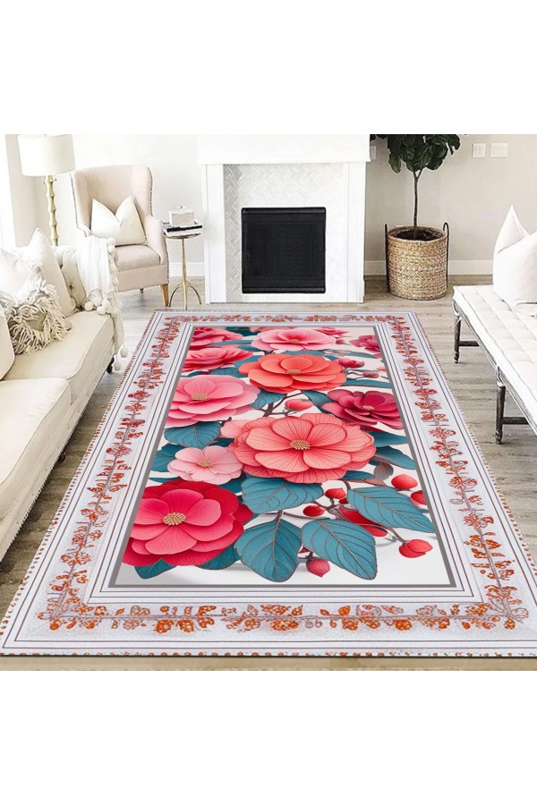 Renkli Çiçek Desenli Dokuma Şönil Kilim Halı Yıkanabilir Salon Oturma Odası Mutfak Halısı