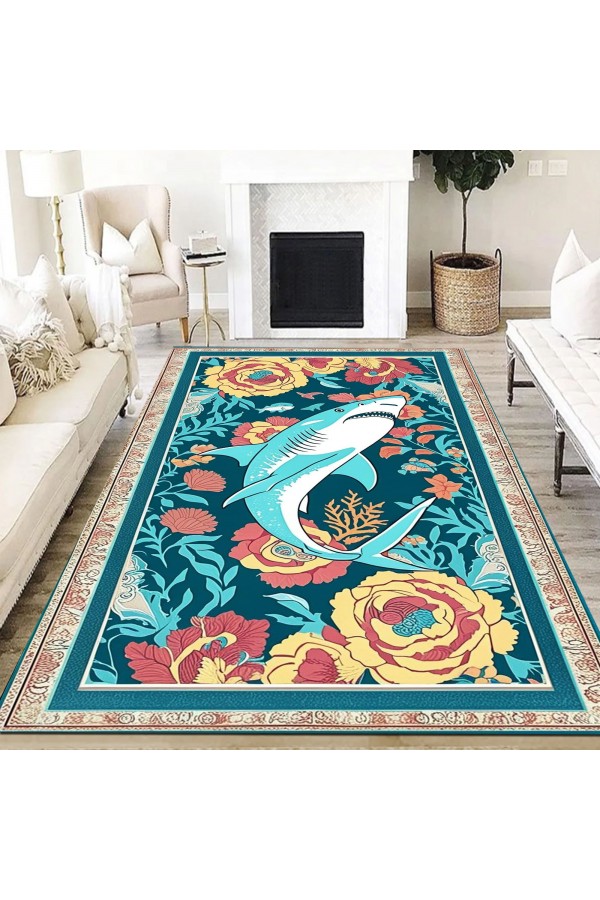 Köpek Balığı Retro Desenli Dokuma Şönil Kilim Halı Yıkanabilir Salon Oturma Odası Mutfak Halısı