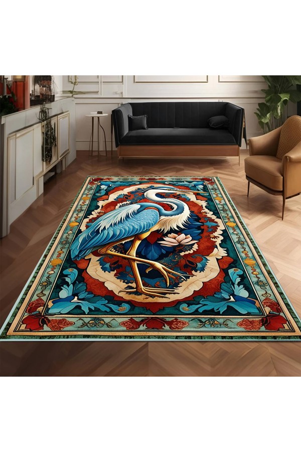 Mavi Leylek Desenli Dokuma Şönil Kilim Halı Yıkanabilir Salon Oturma Odası Mutfak Halısı