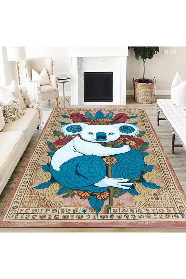Retro Koala Desenli Dokuma Şönil Kilim Halı Yıkanabilir Salon Oturma Odası Mutfak Halısı