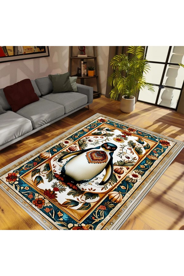 Sevimli Penguen Desenli Dokuma Şönil Kilim Halı Yıkanabilir Salon Oturma Odası Mutfak Halısı