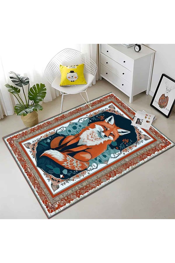 Turuncu Tilki Desenli Dokuma Şönil Kilim Halı Yıkanabilir Salon Oturma Odası Mutfak Halısı