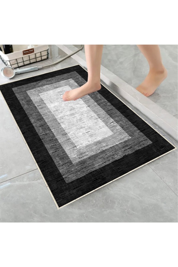Gri Siyah Çizgi Desenli Tekli Banyo Paspas Halısı Kaymaz Yıkanabilir