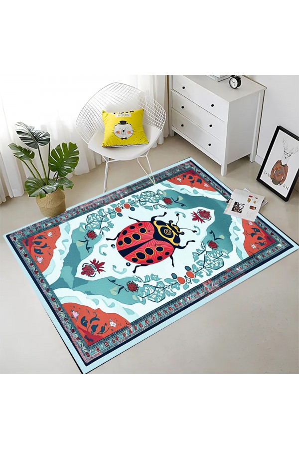 Uğur Böceği Desenli Dokuma Şönil Kilim Halı Yıkanabilir Salon Oturma Odası Mutfak Halısı