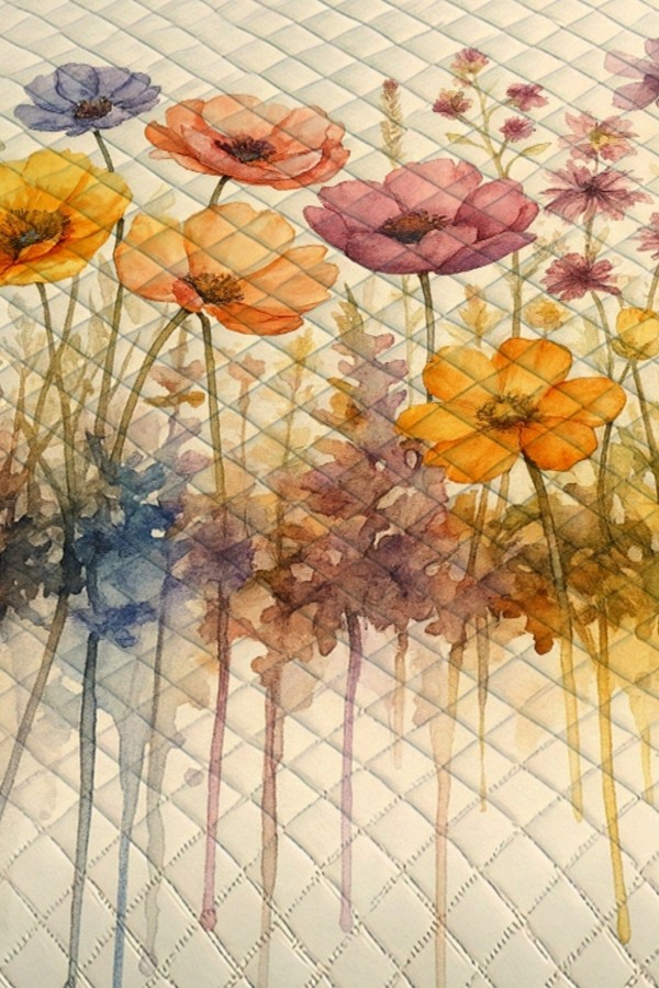 Suluboya Çiçekler Desenli Çift Kişilik Pike Takımı Yatak Örtüsü Suluboya Çiçekler Desenli Çift Kişilik Pike Takımı Yatak Örtüsü