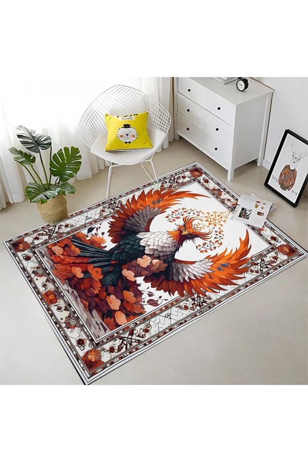 Turuncu Anka Kuşu Desenli Dokuma Şönil Kilim Halı Yıkanabilir Salon Oturma Odası Mutfak Halısı