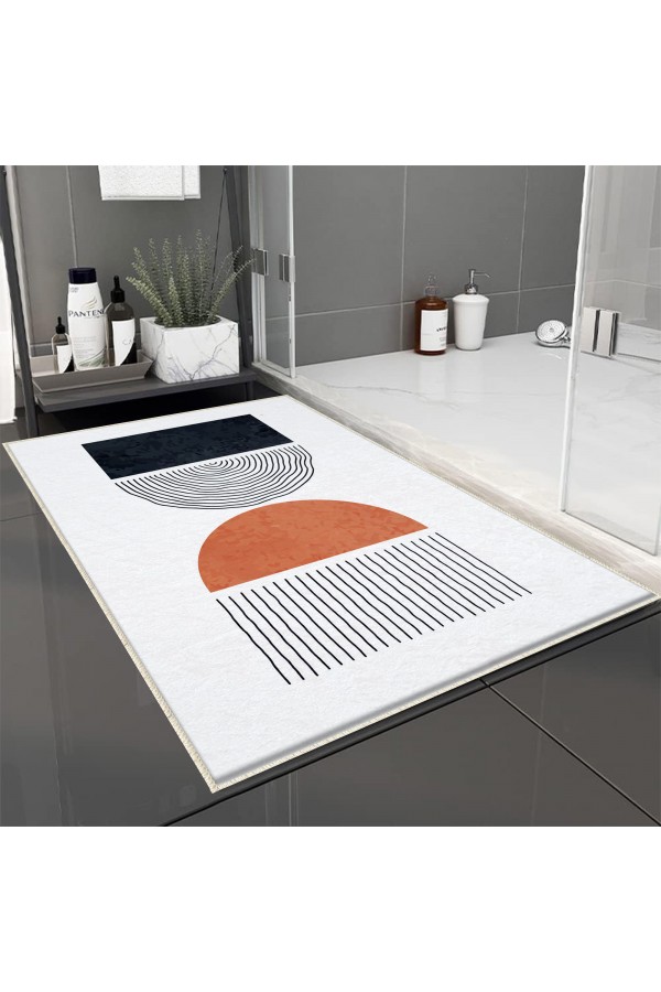 Turuncu Siyah Geometrik Desenli Tekli Banyo Paspas Halısı Kaymaz Yıkanabilir