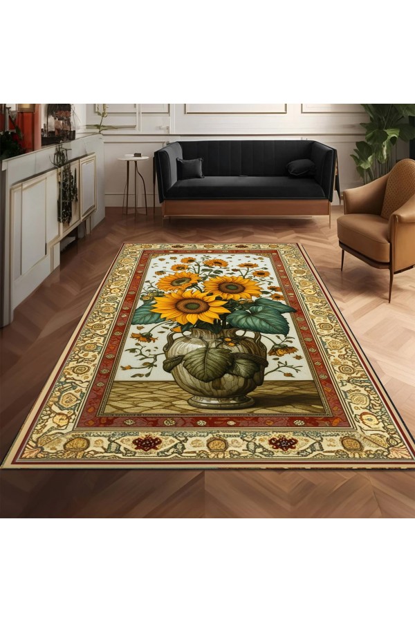Ay Çiçeği Vazo Desenli Dokuma Şönil Kilim Halı Yıkanabilir Salon Oturma Odası Mutfak Halısı