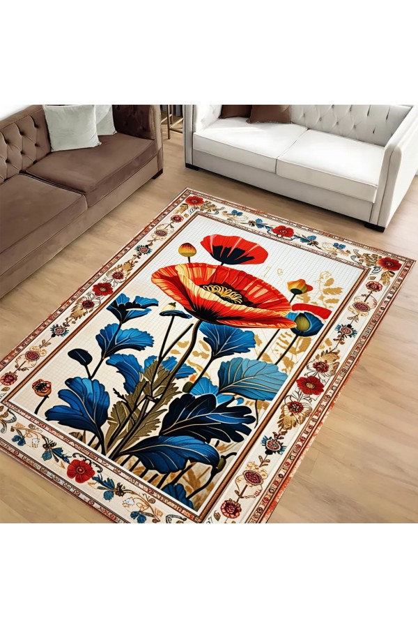 Gelincik Desenli Dokuma Şönil Kilim Halı Yıkanabilir Salon Oturma Odası Mutfak Halısı