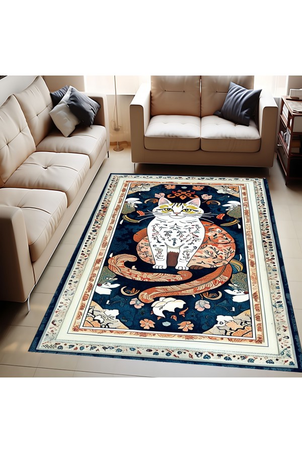 Mistik Kedi Desenli Dokuma Şönil Kilim Halı Yıkanabilir Salon Oturma Odası Mutfak Halısı