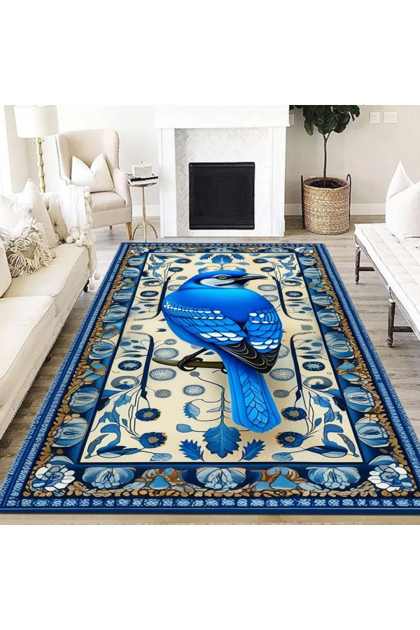 Mavi Kuş Desenli Dokuma Şönil Kilim Halı Yıkanabilir Salon Oturma Odası Mutfak Halısı