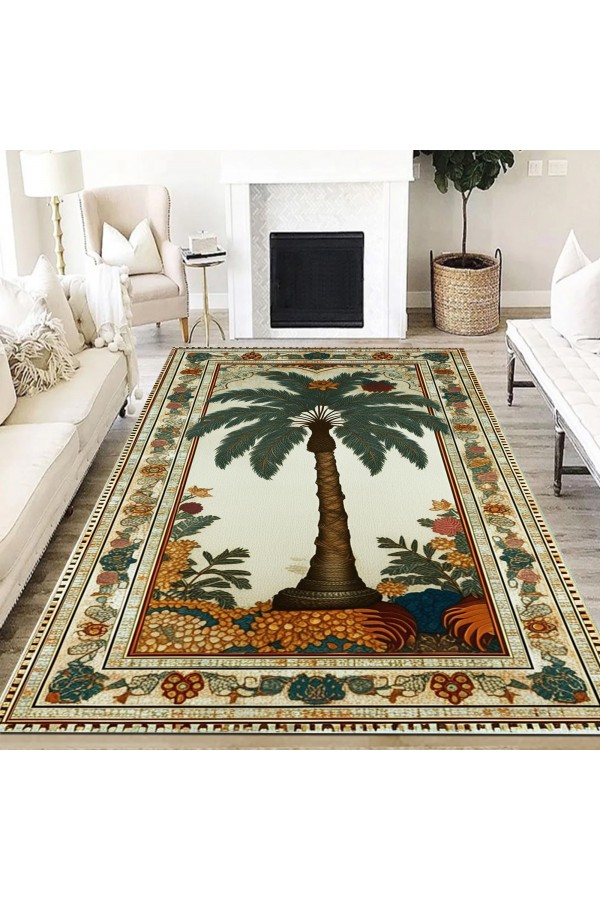 Palmiye Ağaç Desenli Dokuma Şönil Kilim Halı Yıkanabilir Salon Oturma Odası Mutfak Halısı
